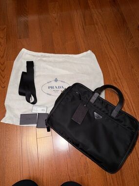 Prada Black Nylon Briefcase with Leather Trim